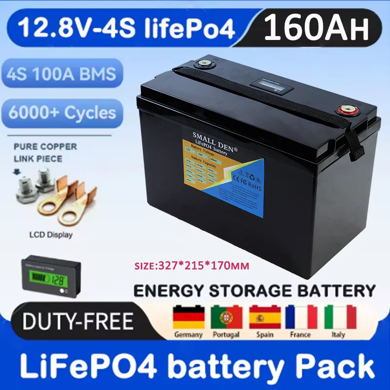 2025New 12.8V 160AH LiFePO4 battery pack 12V lithium iron phosphate battery 4000 RVs solar and wind energy +10A charger tax-free