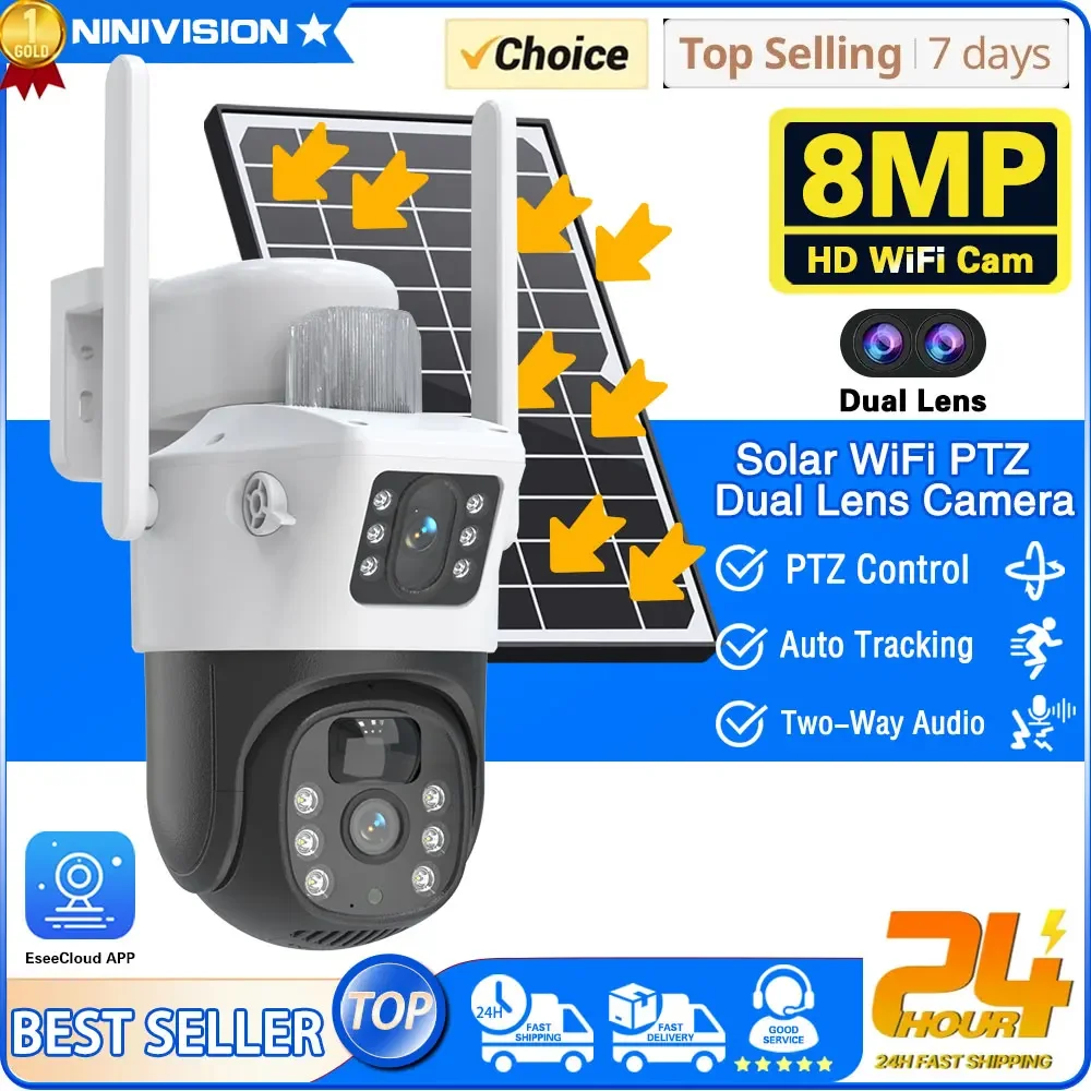 

Solar Camera Wireless Outdoor Dual Lens WiFi 8MP 4K IP Camara Solar Panel CCTV Security Built in Battery PIR Cam EseeCloud APP