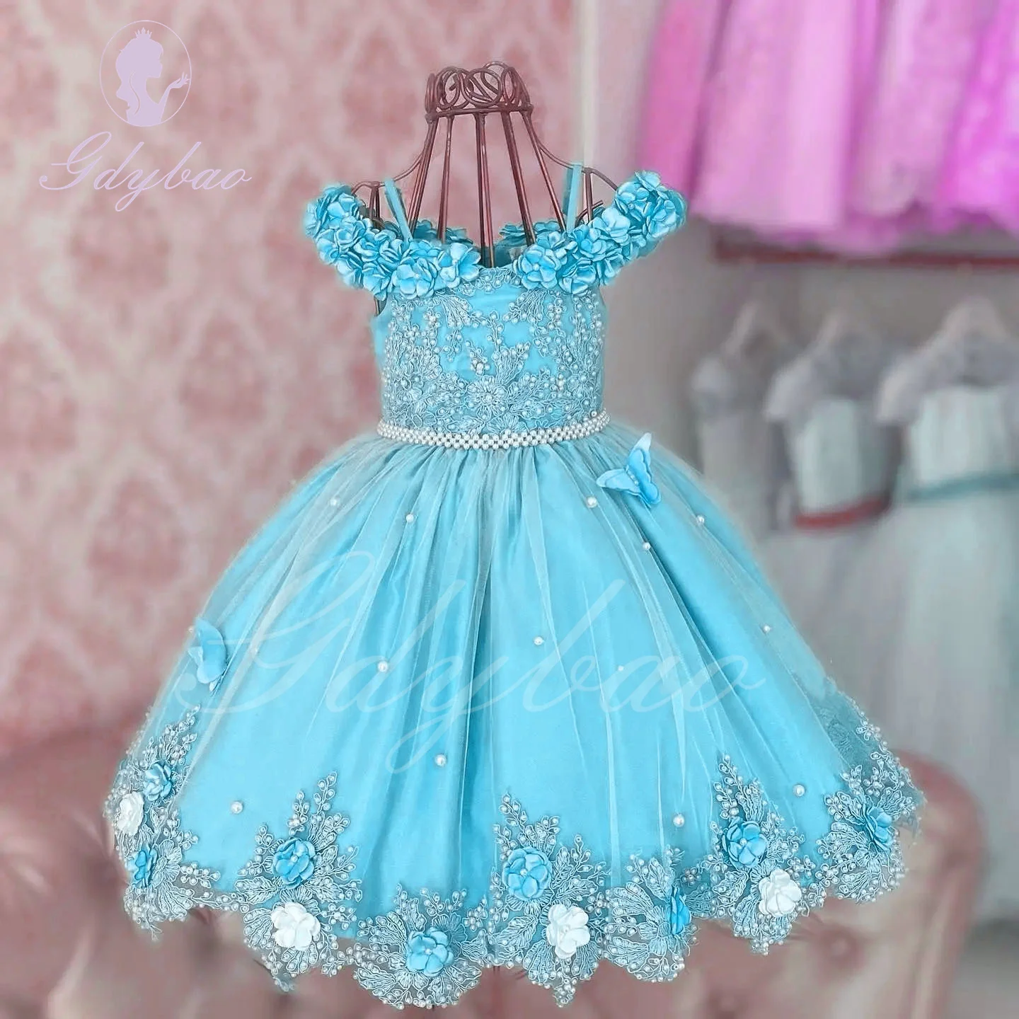 Vestido de niña de flores para boda, apliques de satén sin mangas azul cielo/rosa con lazo de perlas, fiesta de cumpleaños para niños, vestido de desfile de bebé