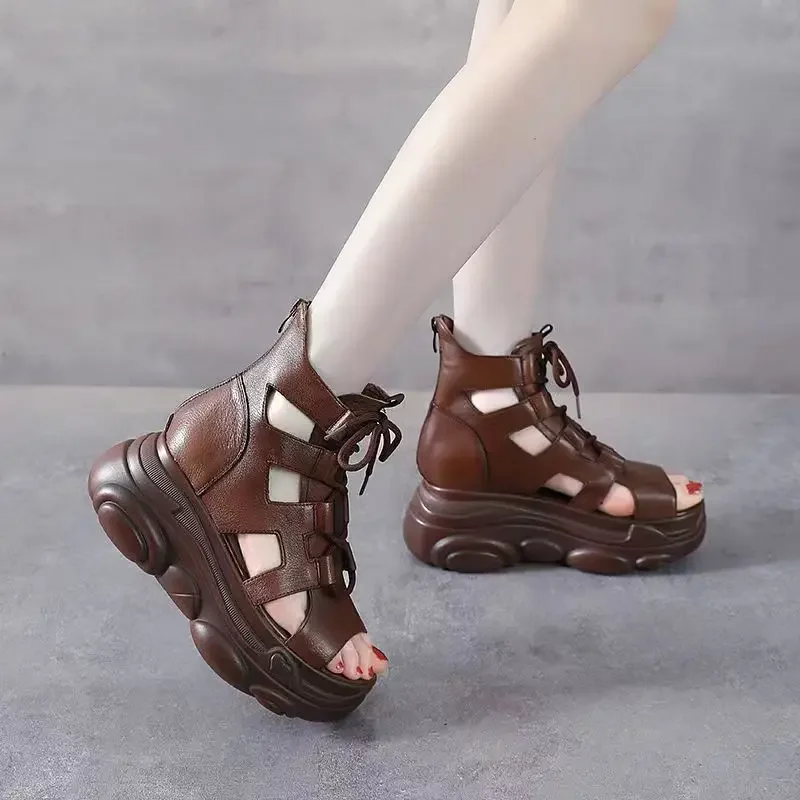 2024 New Fashion Platform Sandals Women Cross Genuine Leather Wedges Platform Heel Gladiator Sandals Women Summer Roman Shoes