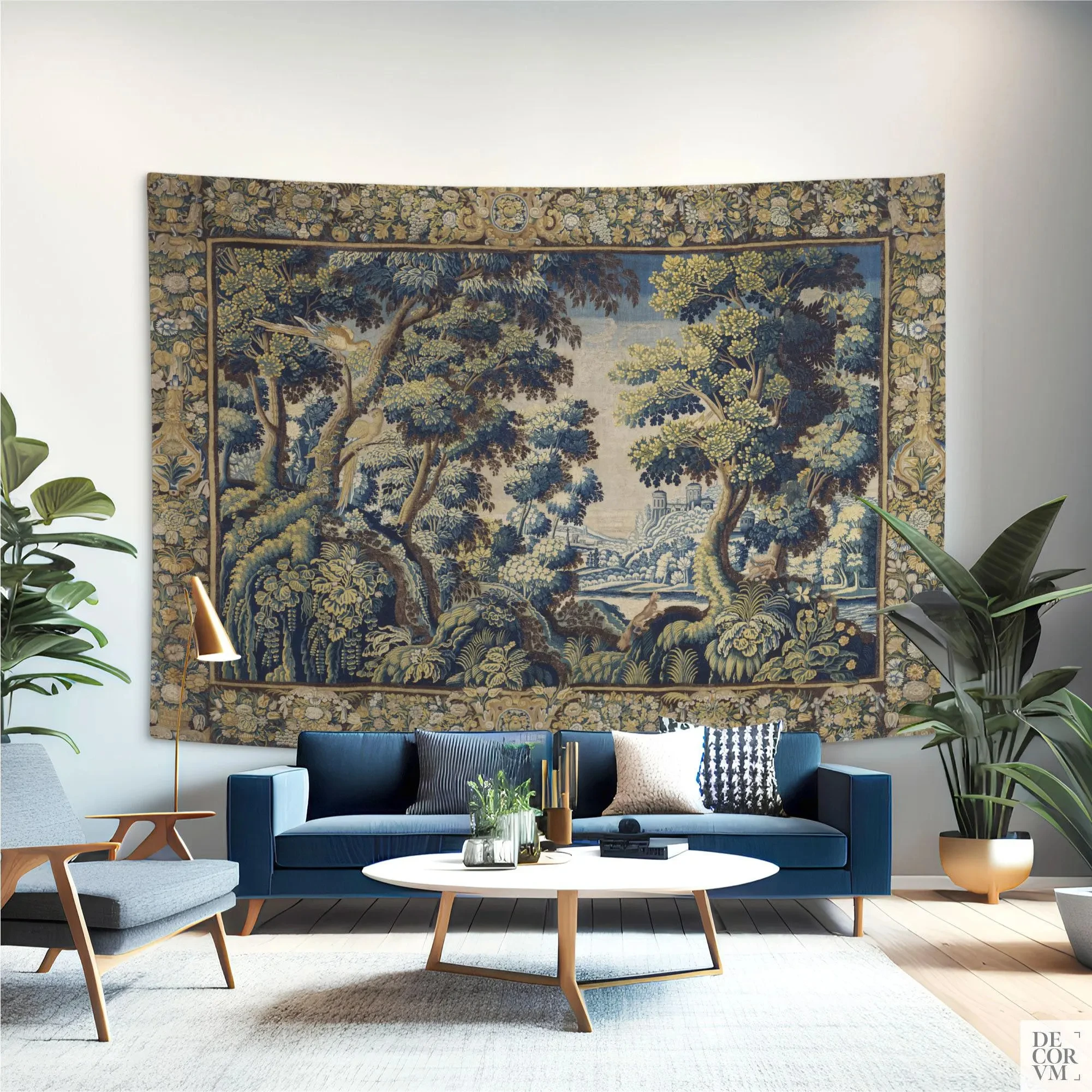 Vintage französischer Verdure-Wandteppich – Botanischer Wandbehang mit grünen Motiven, antikes Dekor
