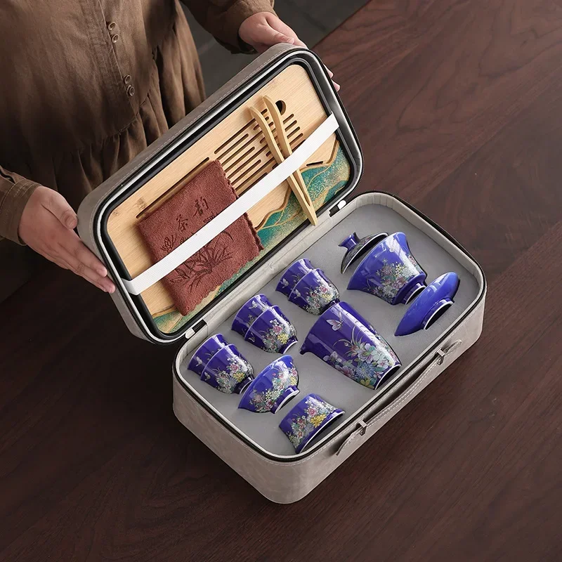 Chinese Colorful Blue Tea Set Teapot Home Creative Personalized Kung Fu Tea Tool Sets Gift Box Souvenir for Elderly Customers