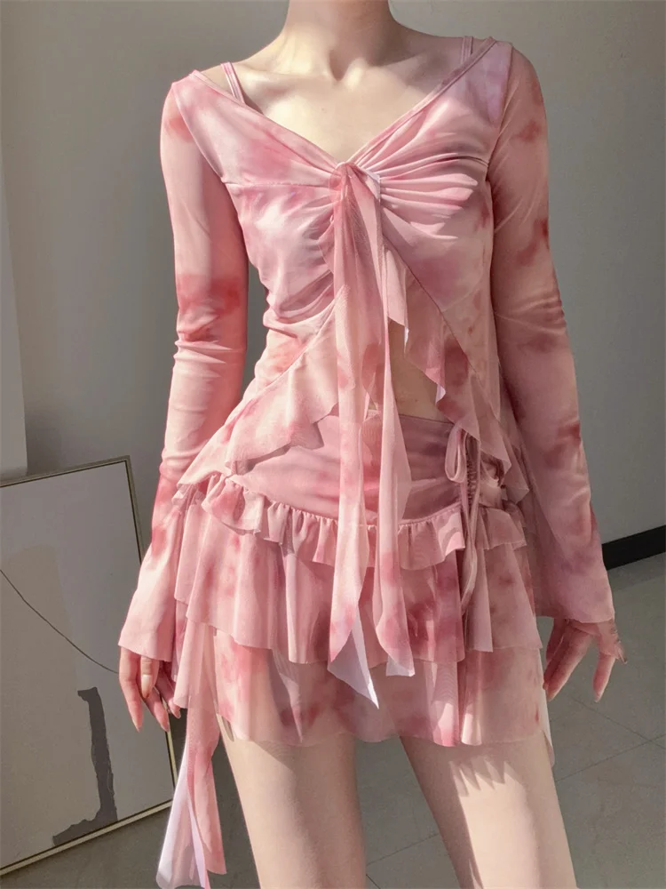 

Купальник Honey Dr Women's 2025 New Thermal Spring Pure Desire: комплект бикини с накидкой, утягивающий, с V-образным вырезом и юбкой