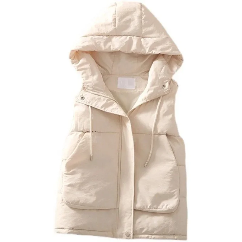 

2025Новый осенне-зимний пуховик, женский повседневный универсальный однотонный жилет без рукавов с капюшоном, свободные пуховые хлопковые жилеты, короткий жилет