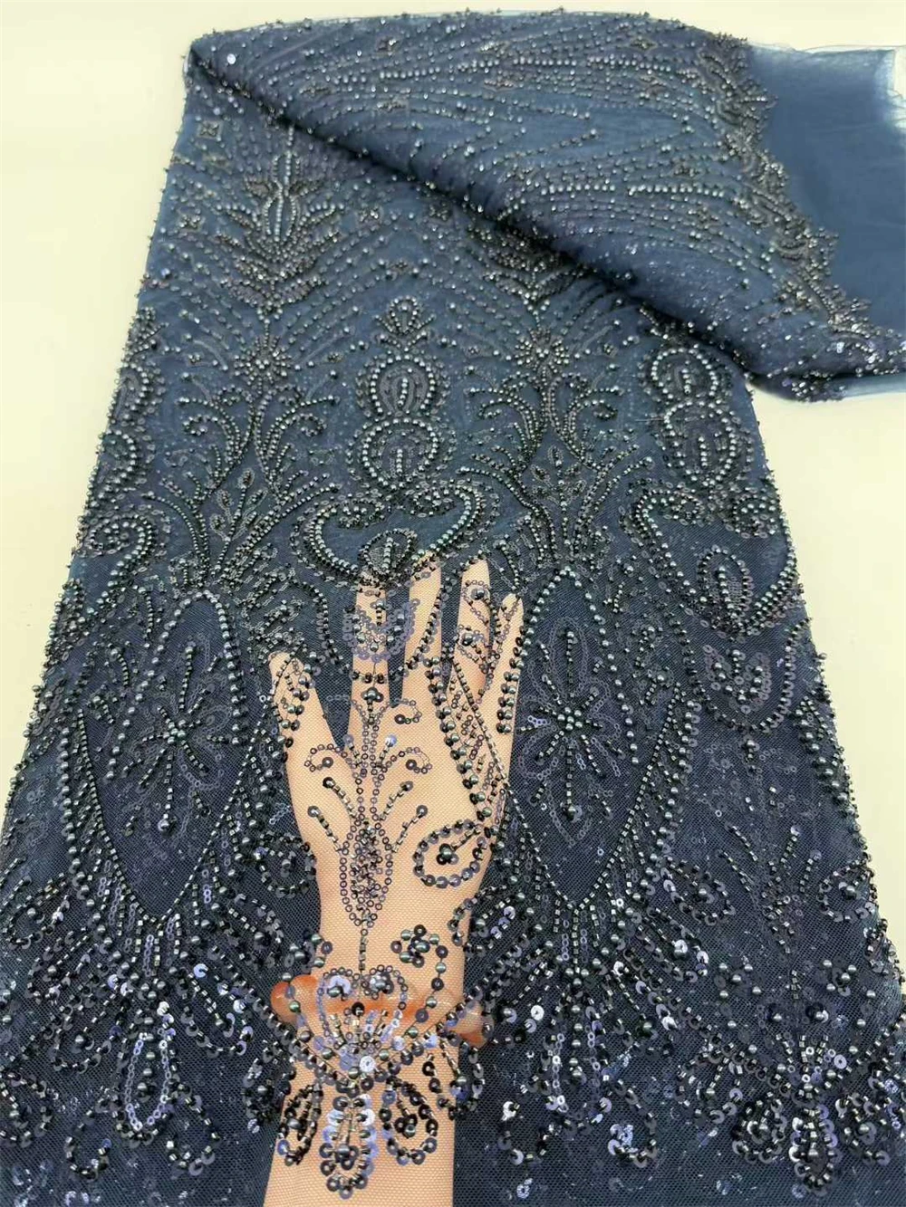 

Black African Lace Fabric 2026 Sequins Beaded Embroidery Groom Nigerian Bridal High Quality French Tulle Lace Fabric For Wedding