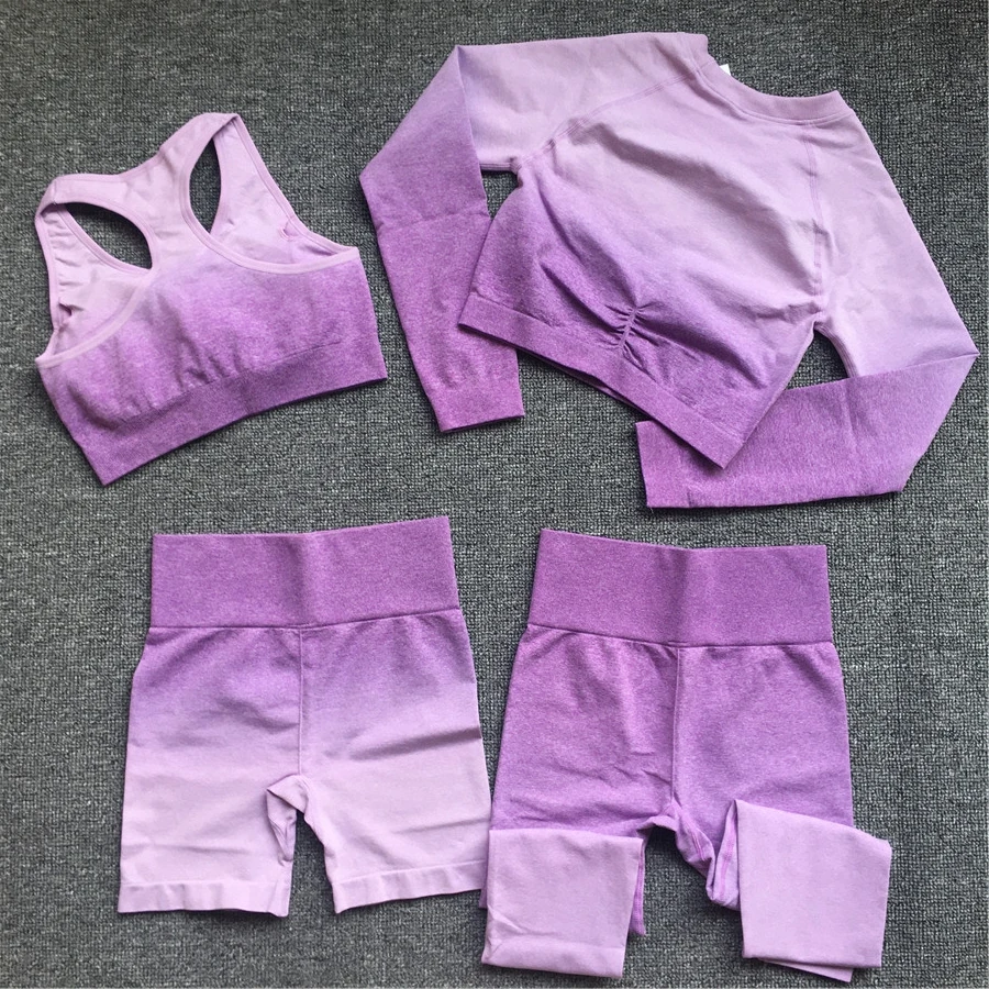 QK 2024 1PCS Seamless Women Fitness Gradient Yoga Set Ombre Squat Proof Workout Gym Leggings Running Tracksuit Sports Suits