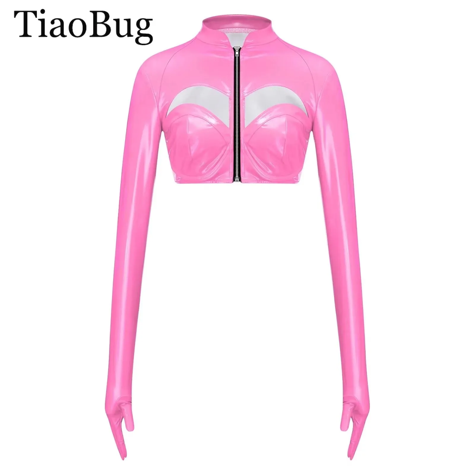 

Women PU Leather Tank Top Metallic Glossy Crop Top One-Piece Gloves Sleeve Chest Hollow-Out Zipper Top Raves Party Sexy Clubwea