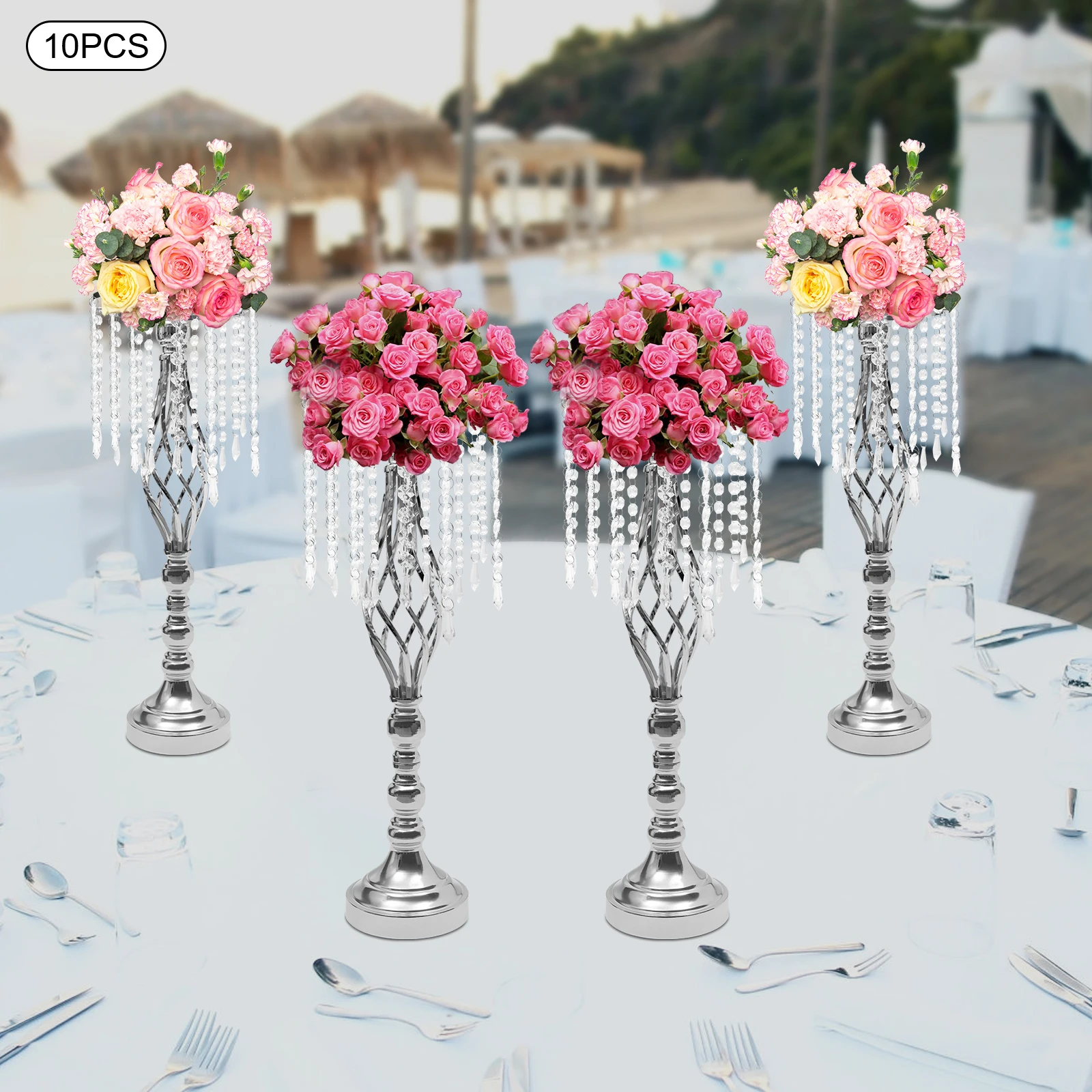 10PCS Silver Crystal Stands Wedding Table Centerpieces Flower Racks 21.7inch Tall