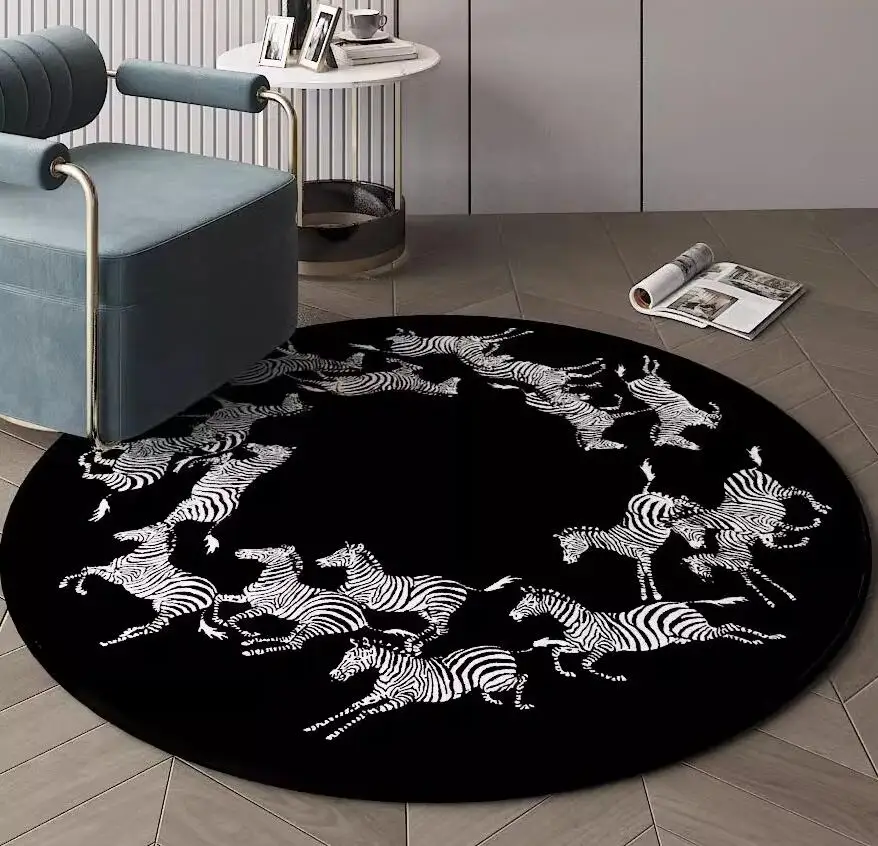 

Nordic Thick Fleece Living Room Round Carpet Black White Abstract Zebra Rug Home Decoration Art Animal Bedroom Mats Pad ковер