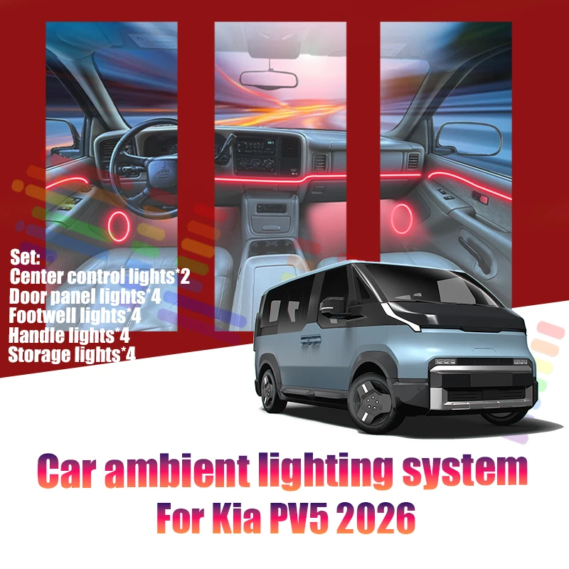 Für Kia PV5 2026 SW1 Auto LED Ambientebeleuchtung Farbige Atmosphärenlichter Auto-Innenraum Neonstreifen 64 RGB Beleuchtung Autoteile