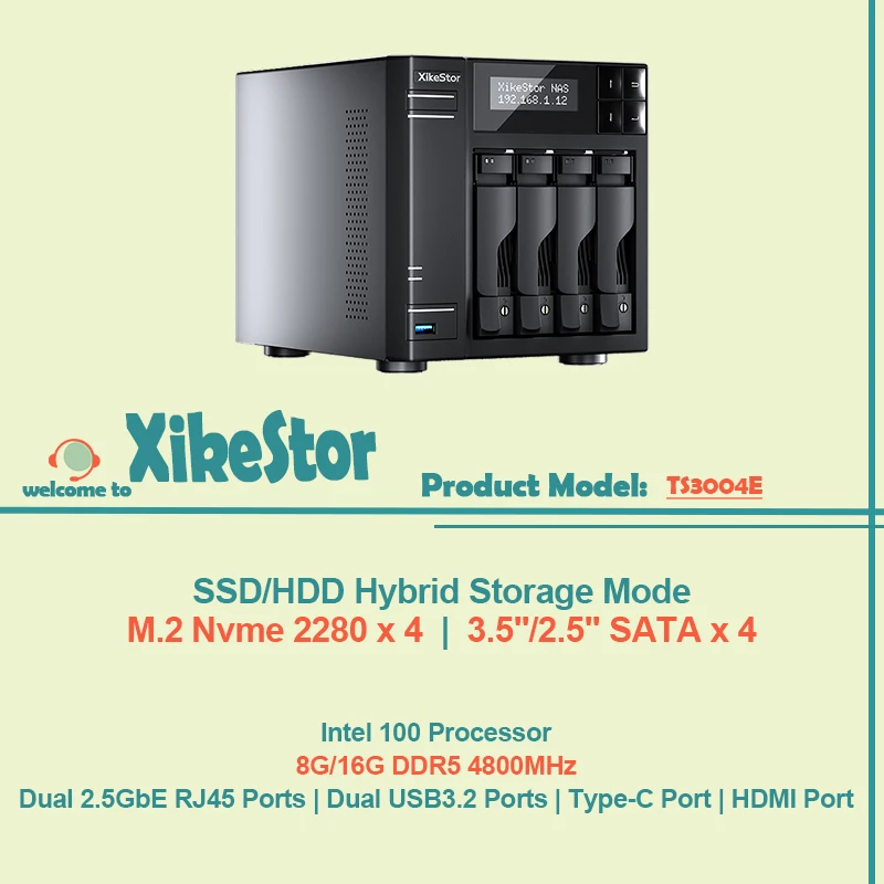 

XikeStor SSD/HDD Hybrid Storage NAS All-in-1 M.2 Nvme 2280 x 4 | Процессор SATA 3,5 дюйма/2,5 дюйма x 4 Intel 100, 8 ГБ/16 ГБ DDR5, 4800 МГц
