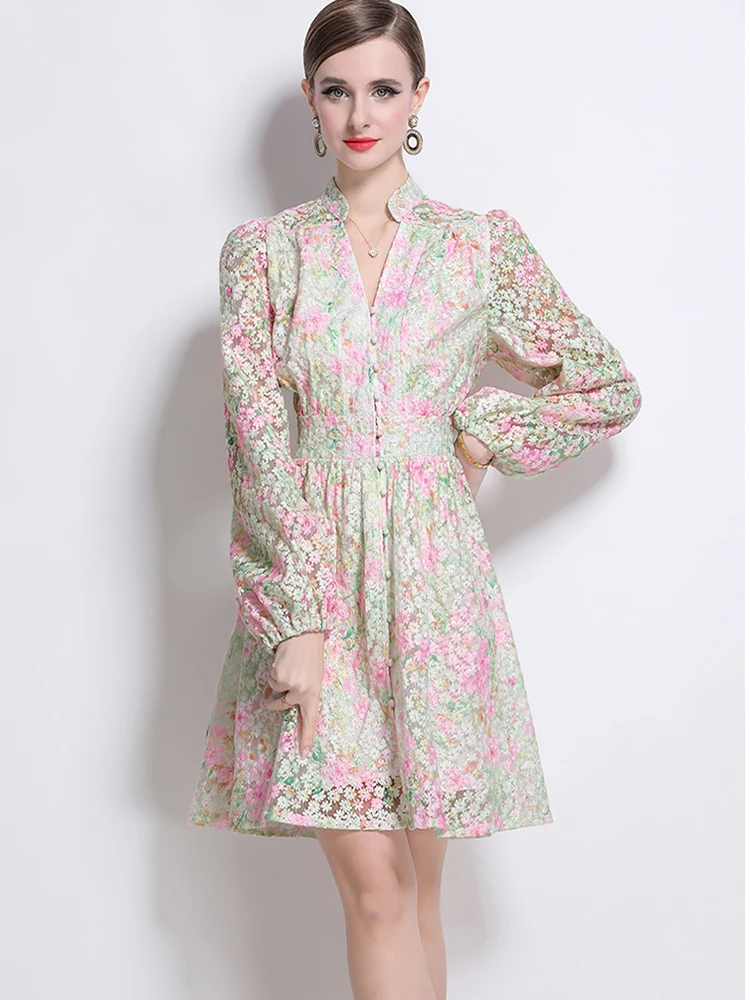 

Elegant Printed V-Neck Single Breasted Long Sleeved Dress 2025 New Fashionable Summer Women'S Clothing
