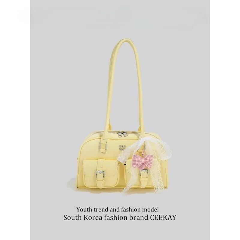 2026 New CEEKAY Bowling Bag, Soft Leather Shoulder Bag, Lace Bow Pendant Handbag for Women Trendy Dating Shoulder Bag Handbags