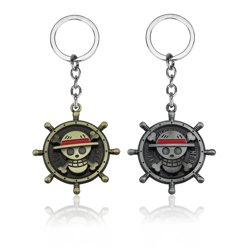 Anime Een Stuk Luffy Piraat Schedel Roer Sleutelhanger Metalen Sleutelhanger Draaibare Hanger Llavero voor Kinderen Gift Anime Accessoires