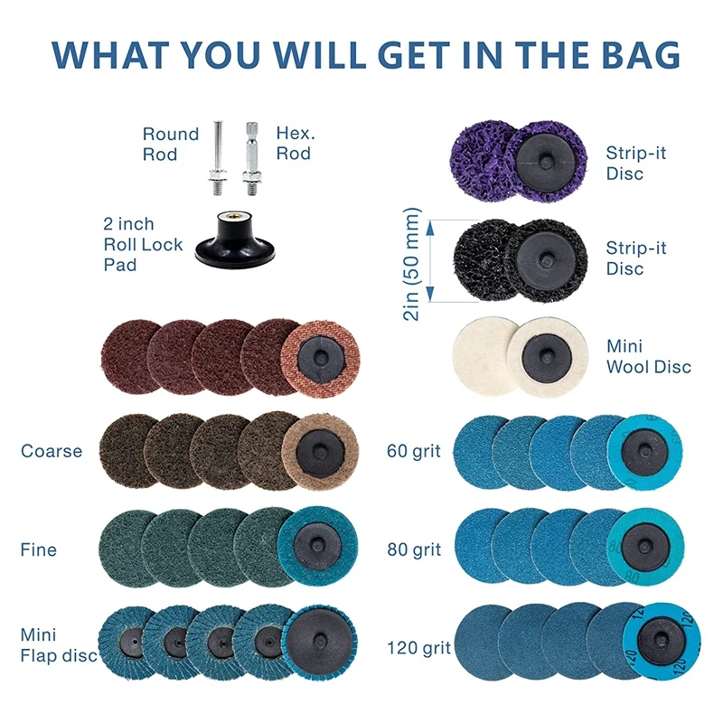 44-Piece Roll Lock 2 Inch Sanding Disc Set, Finishing Disc, Quick Change Disc With 1/4 Inch Stand