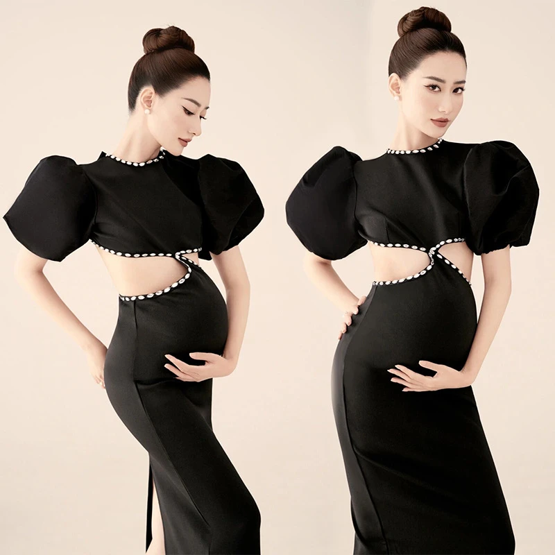 

Women Photography Props Maternity Dresses Black Hollow Out Elegant Pregnancy Trailing Dress Studio Shooting Photo Props