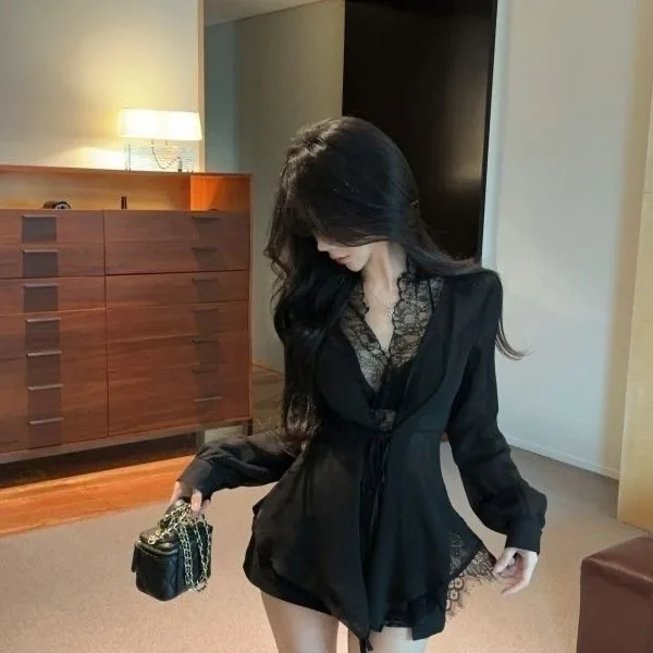 Black Lace Splice Tie V-Neck Long Sleeve Women's Shirt Slim Fit Summer Design Pure Desire Top Commute Style Polyester Fabric
