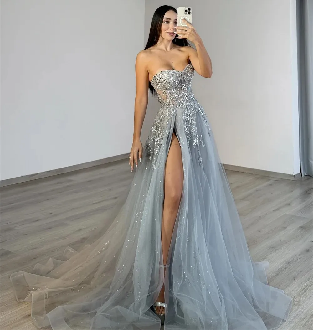 Sexy Silver A-line Prom Party Dress 2026 Sweetheart Sequinns Appliques Silt Tulle Prom Birthday Gowns Pageant Robe De Soriee