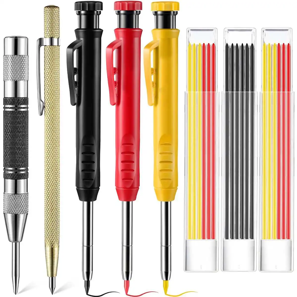 3pcs Pencil Set with Deep Hole Marker Built-in Sharpener Carbide Scribe Multi-Color Woodworking DIY Marking Tool