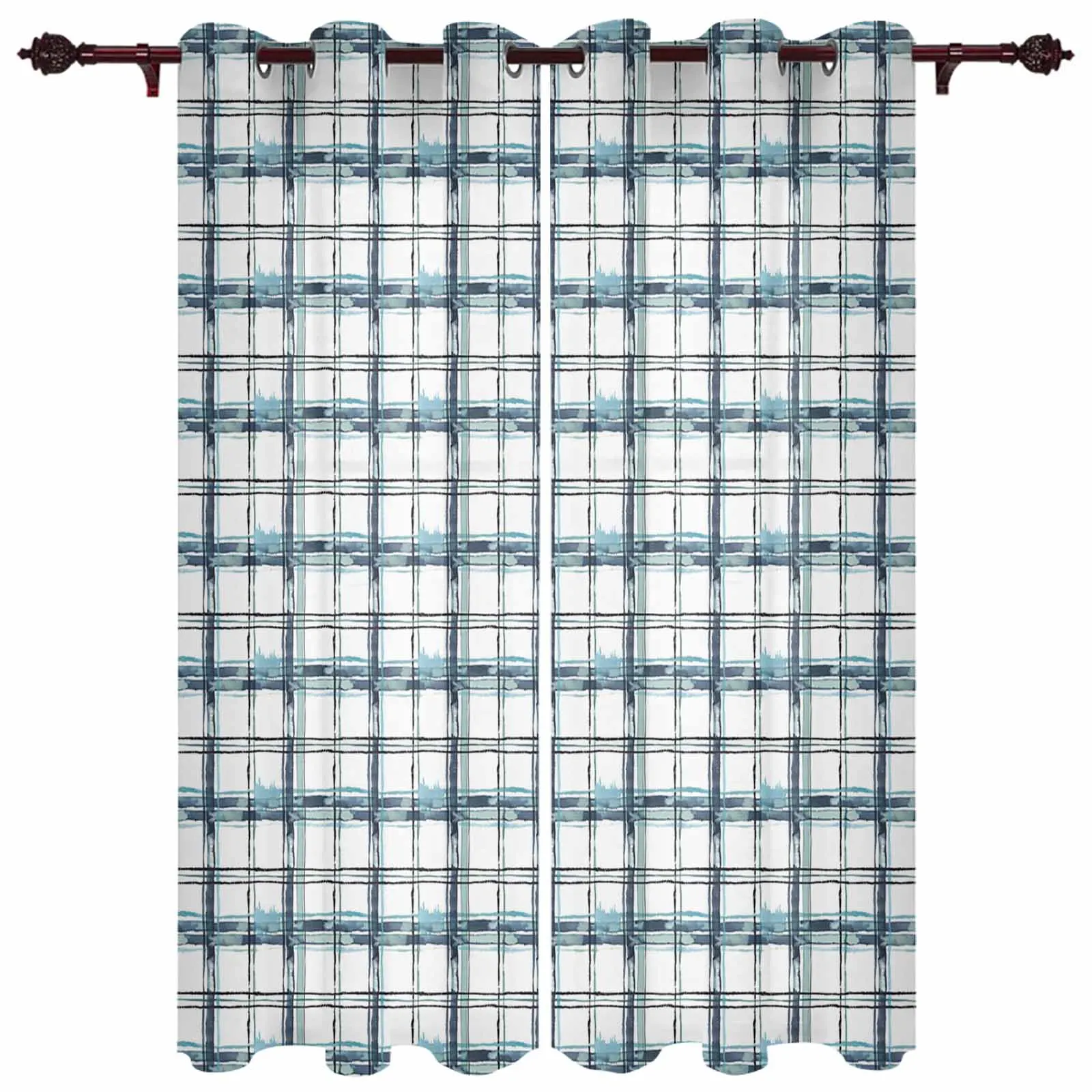 Checkered Watercolor Gradient Hand Drawn Loop Outdoor Curtain For Garden Patio Drapes Bedroom Living Room Kitchen Window Curtain