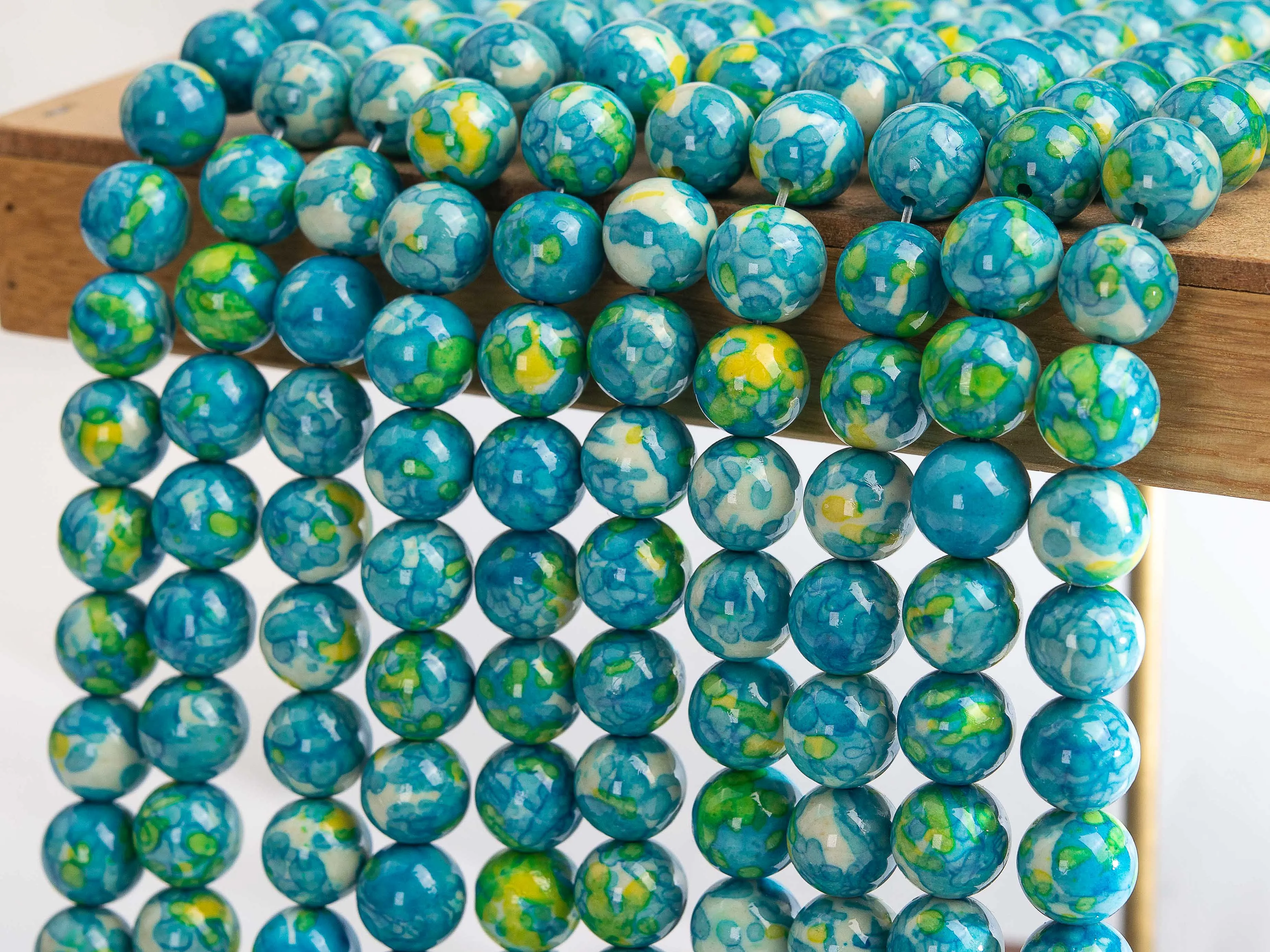 Green Blue & Yellow Rain Flower Jades Loose Beads Round Shape Size Options 4/6/8/10/12mm for Jewelry Making