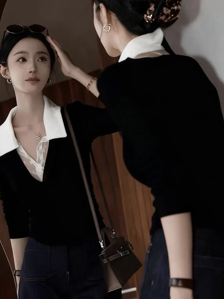 

Retro Lace Splice Turn-down Collar Long Sleeve Women's Shirt 2025 Autumn New Style Design Slim Fit Commute Friendly