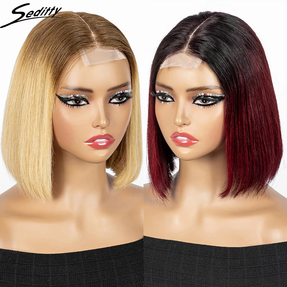 

Colored Short Bob Wig Double Drawn Bob Straight 2x6 Lace 250% Density Transparent Lace Closure 100% Human Hair Wigs For Women