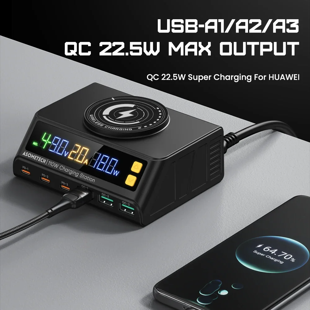 Cargador inalámbrico USB de 110W, estación de carga rápida PD QC 3,0 tipo C de escritorio de 6 puertos para IPhone, portátil, Xiaomi y Samsung