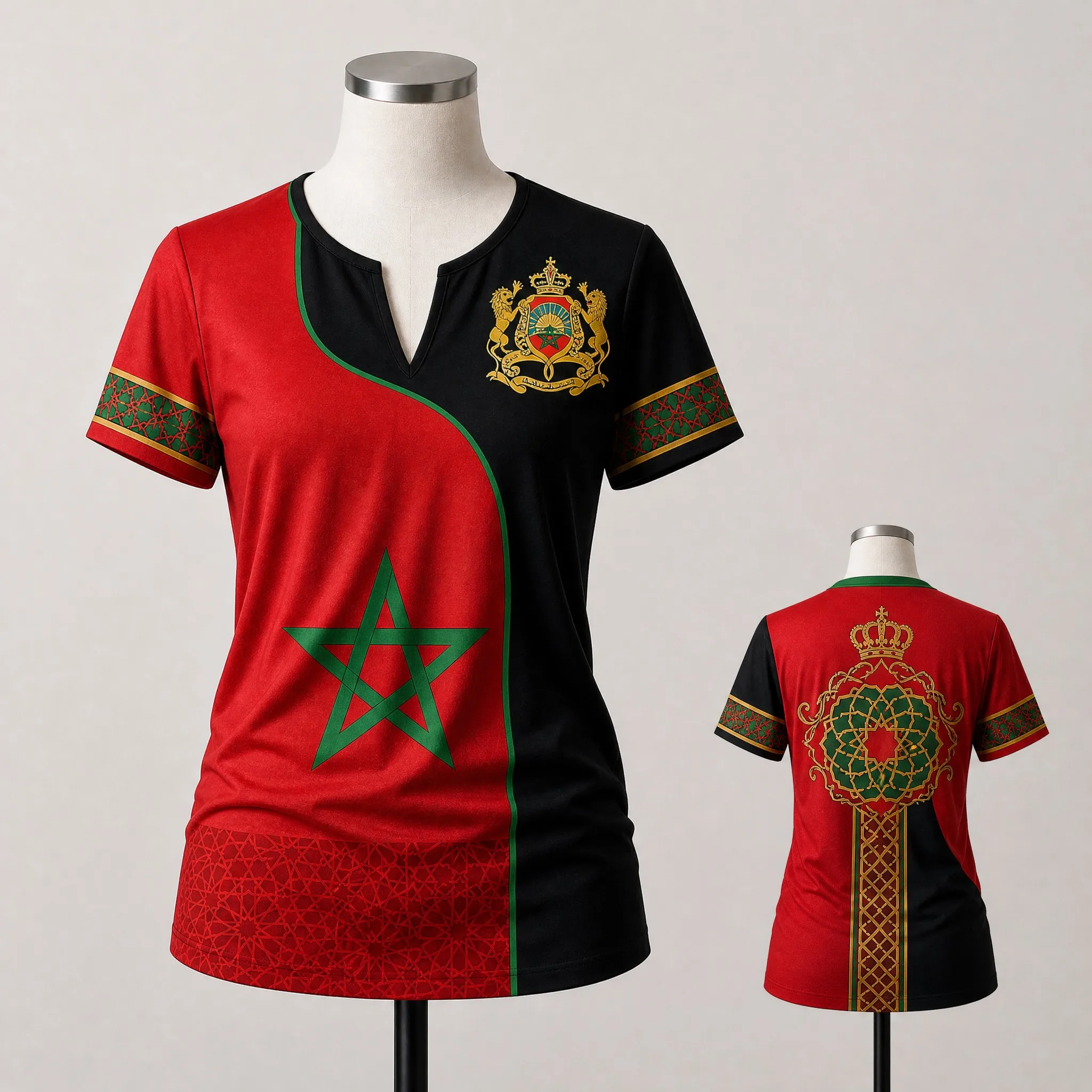 Womens V Neck Short Sleeve Morocco T Shirt Red Crest Panel Graphic Casual Summer Tee Artistic Heritage Travel Style Vacation Top