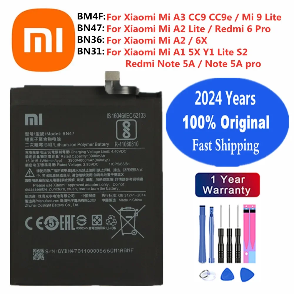 2024 Years BM4F BN31 Original Battery BN36 BN47 For Xiaomi Redmi 6 Pro Redmi Note 5A Pro Mi A3 A1 A2 Y1 9 Lite 5X 6X S2 CC9 CC9e