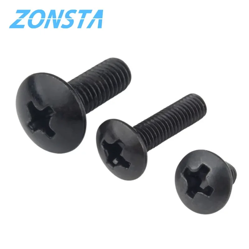 M2 M2.5 M3 M3.5 M4 M5 M6 Phillips Truss Head Screws Big Large round Mushroom Head Bolt Black Plated Carbon Steel TM Screw