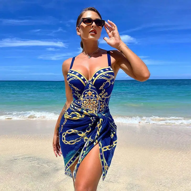 Europe And The United States Foreign Trade New Fashion One-Piece Swimsuit Women's Beautiful Back Printed Bikini Blouse Two-Piece