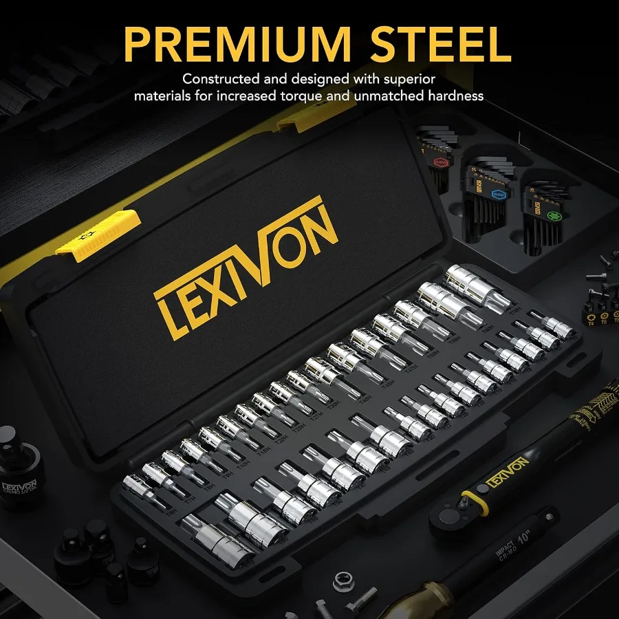 LEXIVON Master TORX Bit Socket Set Premium S2 Alloy Steel | Complete 34-Piece Solid Star and Tamper Proof T6 ~ T70 | Enhanced S