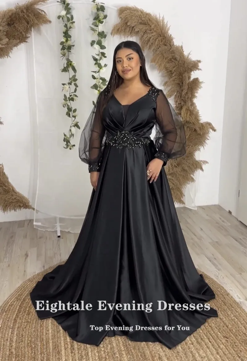 Eightale Plus Size Evening Dresses Black V-Neck Appliques Formal Satin Beaded Pleats Celebrity Prom Party Gowns for Wedding