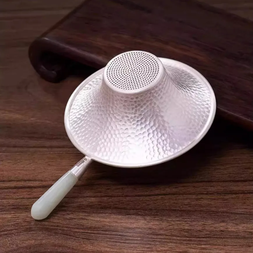 Handmade Pure Silver 999 Tea Infuser with Jade Handle Heat Insulated Kungfu Teaset Strainer for Tea Leakage Filter