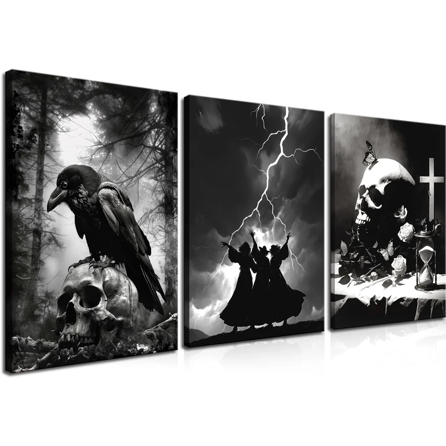 3-piece set, creepy witch Halloween wall decoration painting, crow and skull Gothic aesthetics