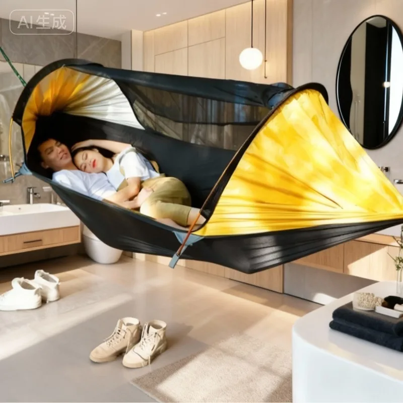Nylon Fabric Outdoor Camping Hammock Large Space Anti-rollover Mosquito Net Hammocks Wear-resistant 200KG Load-bearing Hammock