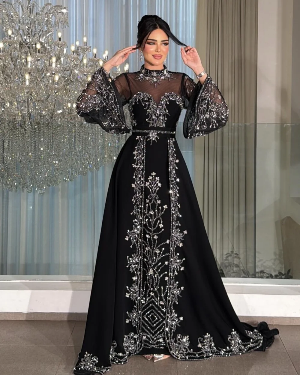 

Customized Exquisite Women Jersey Rhinestone Ruched A-Line Evening Dress Formal High Collar Long Sleeves Floor Lenght Party Gown