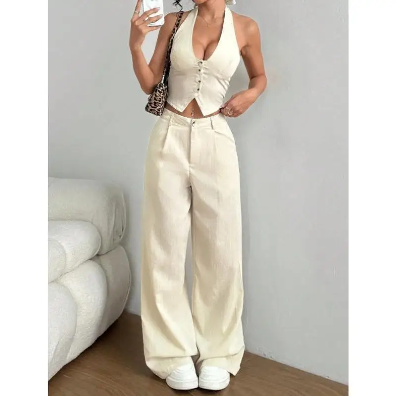 

R 54769 Cross-Border 2-Piece Set Bal Belted Vest And Casual Straight Leg Pants Autumn Seven Sve Length No Brand