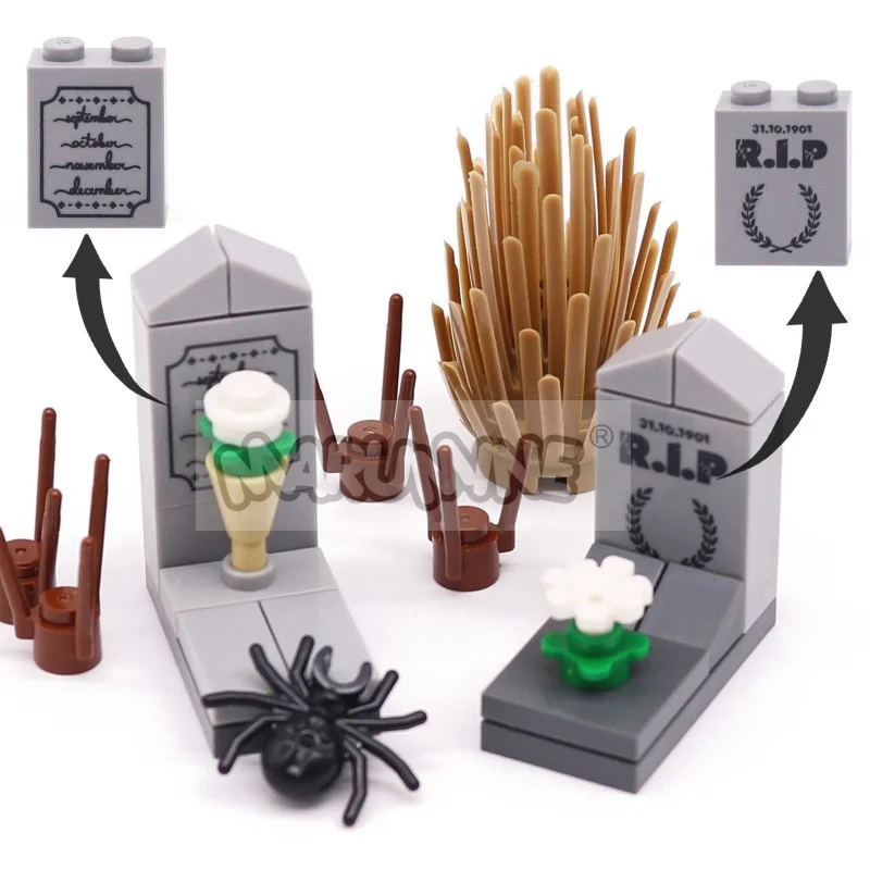 Marumine MOC Halloween-Bausteine, DIY-Druck, Grabstein, Friedhof, Ziegel, Modellbausatz, Zubehörteile, kompatibel mit 3245