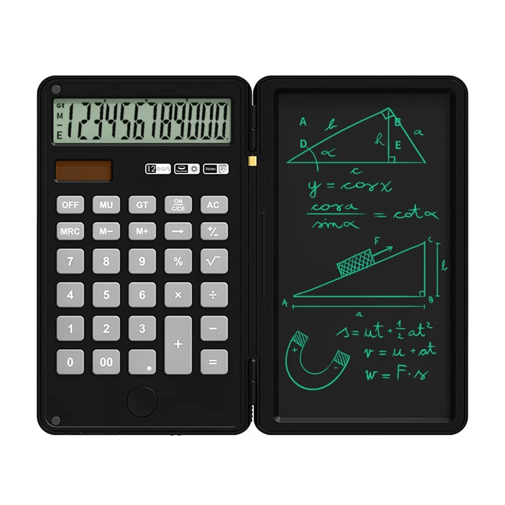 2in1 Scientific Calculator Foldable Erasable Office LCD Drawing Pad 12 Digits Display with Stylus Pen Digital Writing Tablet