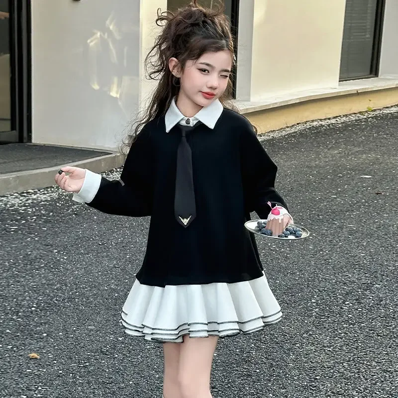 2025 New Girls' Preppy Polo Collar Hoodie Puff Skirt Dresses - Stylish Casual Spring Autumn Dresses for 4-12 Years Old