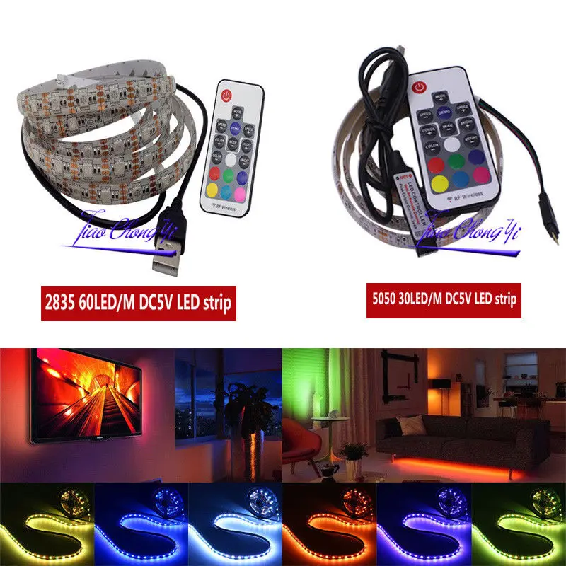 5050 LED Light Strip 2835 SMD RGB Bar TV White Lighting Kit +17Key RGB USB Remote Control DC5V