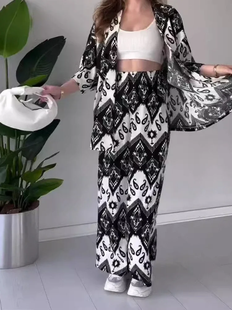 Women Two Piece Sets Print Pant Set Cardigan V Neck Half Sleeve Shirt Tops Loose Casual Long Wide Leg Pants Summer 2024