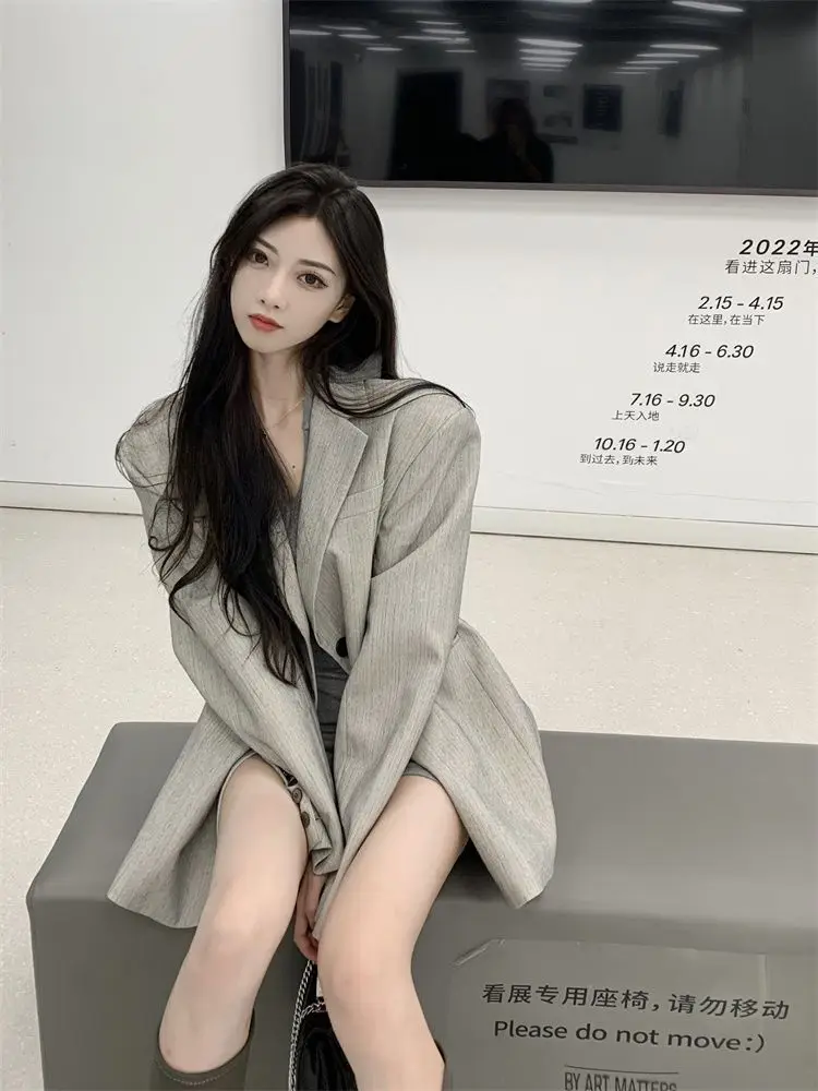 

Minimalist Style High-End Gray Suit Jacket Women Spring/Autumn New Korean Version Loose Vintage Temperament Suit Top Hot Sale