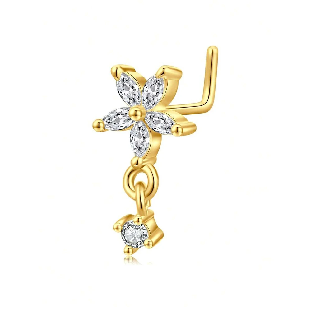 20G Nose Rings Stud, Stainless Steel L Shape Dangling Nose Piercing Jewelry, Flower Butterfly Moon Star CZ Cute Nose Piercing view 5