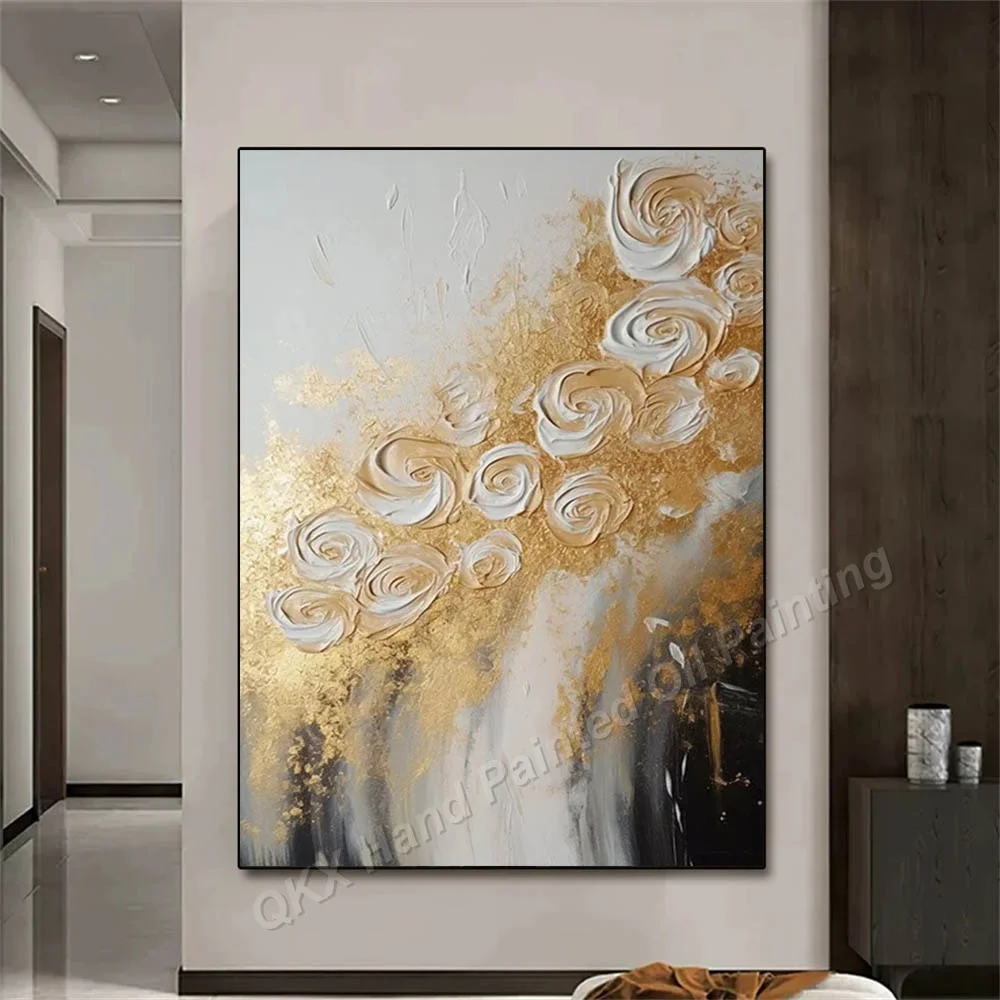 Luxury Gold Foil 3D Swirl Rose Impasto Handmade Oil Painting on Canvas - Vertical Wall Art Decor for Living Room