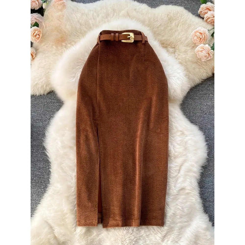 المرأة الكورية سبليت مثير تنورة طويلة 2025 الشتاء سروال قصير سليم سميكة الشارع الشهير موضة خمر الخريف Bodycon تنورة خمر