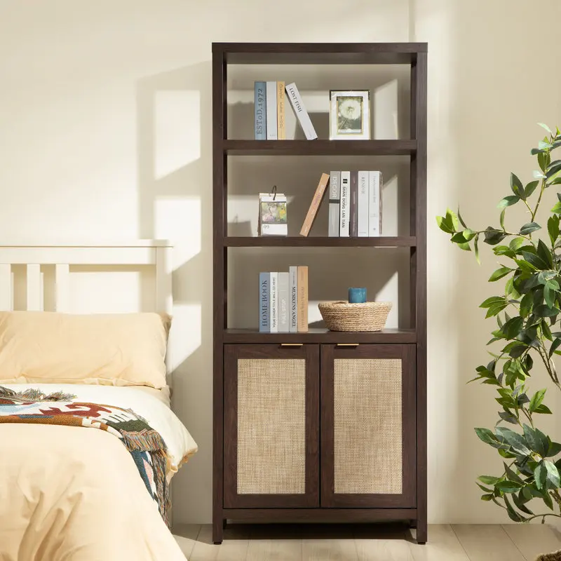 

bookcase Wooden high bookcase storage rack Corner rack Rattan living room storage rack