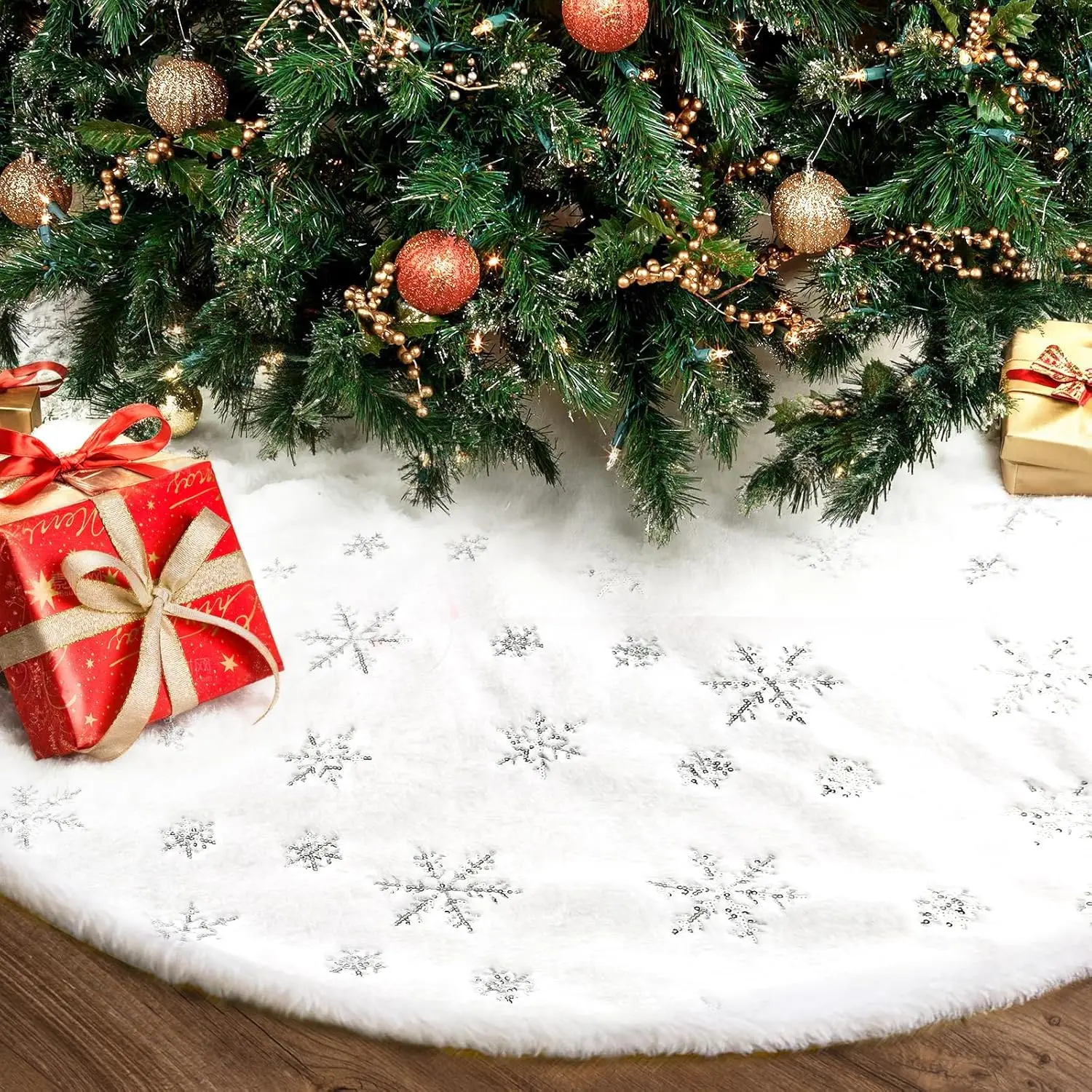 

Christmas Tree Skirt 48in, Holiday Part Decorations for Christmas Tree, Whit Plush Sliver Sequin Snowflake Tree Shirt for Xmas